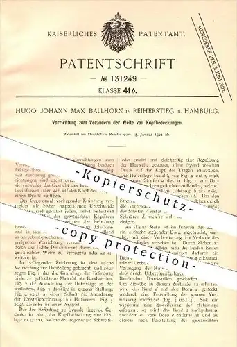 original Patent - Hugo Johann Max Ballhorn in Reiherstieg b. Hamburg , 1901 , Kopfbedeckungen , Hut , Hüte , Modist !!!