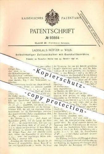 original Patent - Ladislaus Höfler in Wien , 1896 , Zellenschalter mit Quecksilberröhre , Quecksilber !!!