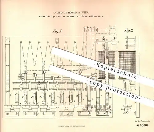 original Patent - Ladislaus Höfler in Wien , 1896 , Zellenschalter mit Quecksilberröhre , Quecksilber !!!