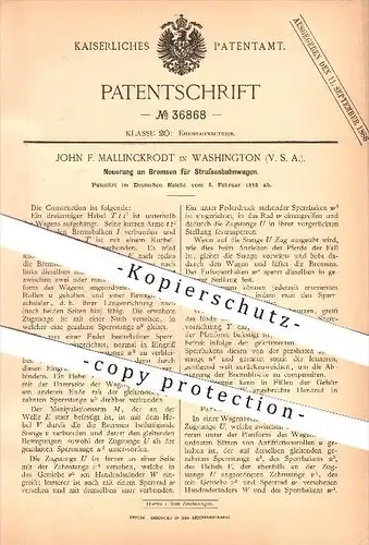 original Patent - John F. Mallinckrodt in Washington , 1886 , Bremsen für Straßenbahnwagen , Straßenbahn , Eisenbahn !!!