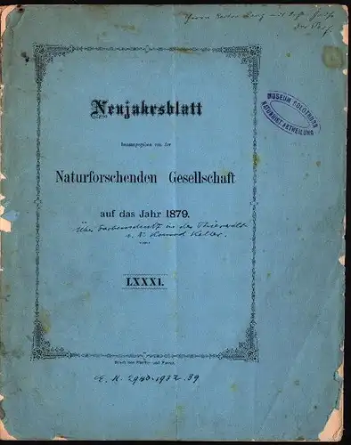 Naturforschende Gesellschaft  , Solothurn 1879 , Heft zum  Farbenschutz in der Tierwelt , Tiere !!!