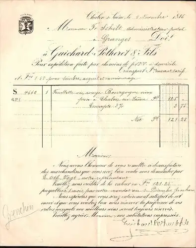 altes Dokument , Chalon-sur-Saone 1886 , Granges / Grenchen , Guichard-Potheret & Fils  !!!