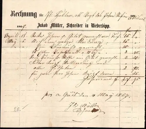 alte Rechnung , Jakob Müller in Niederbipp  1867 , Schneider !!!