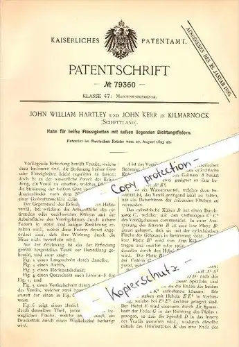 Original Patentschrift - J.W. Hartley and J. Kerr in Kilmarnock , Ayr , 1893 , Tap for hot liquids !!!