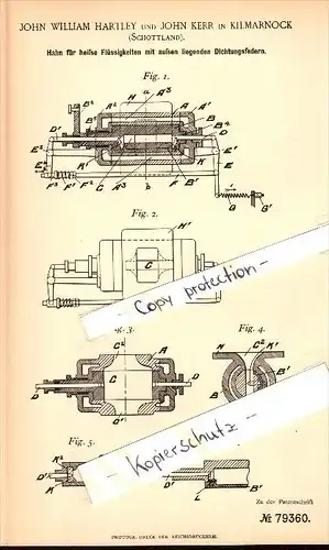 Original Patentschrift - J.W. Hartley and J. Kerr in Kilmarnock , Ayr , 1893 , Tap for hot liquids !!!