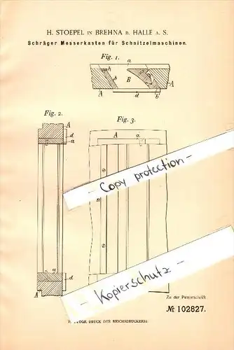 Original Patentschrift - H. Stoepel in Brehna - Sandersdorf b. Halle a.S. , 1897 , schräger Messerkasten , Roitzsch !!!