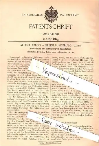 Original Patentschrift - A. Abegg in Klein - Laufenburg , Baden , 1901 , Webschützen für Webstuhl , Weberei , Weber !!!