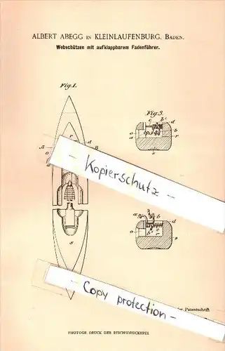 Original Patentschrift - A. Abegg in Klein - Laufenburg , Baden , 1901 , Webschützen für Webstuhl , Weberei , Weber !!!