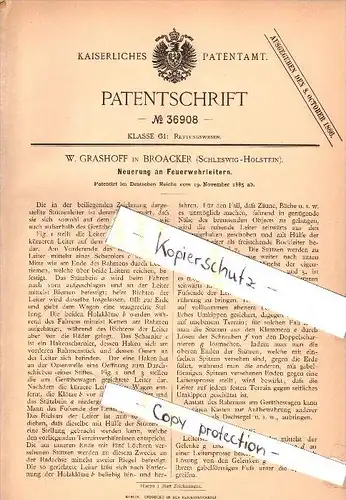 Original Patentschrift - W. Grashoff in Broacker / Broager , 1885 , Feuerwehr - Leiter , Dänemark , Schleswig Holstein !