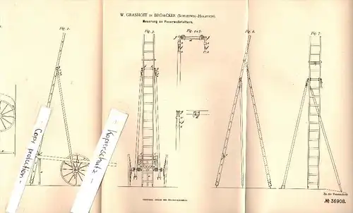 Original Patentschrift - W. Grashoff in Broacker / Broager , 1885 , Feuerwehr - Leiter , Dänemark , Schleswig Holstein !