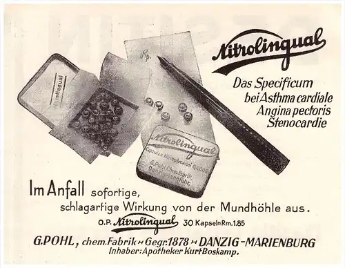 original Werbung - 1935 - Nitrolingual , Asthma , Angina , G. Pohl - Boskamp , Danzig , Marienburg , Arzt , Apotheke !!