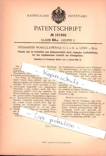 Original Patent - Spessarter Hohlglaswerke G. m. b. H. in Lohr a. Main , 1906 , Flasche für tropfenw. Flüssigkeit , Glas