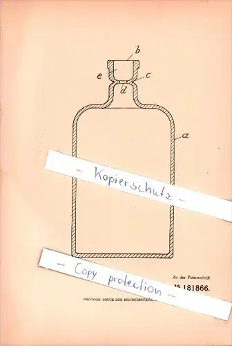 Original Patent - Spessarter Hohlglaswerke G. m. b. H. in Lohr a. Main , 1906 , Flasche für tropfenw. Flüssigkeit , Glas