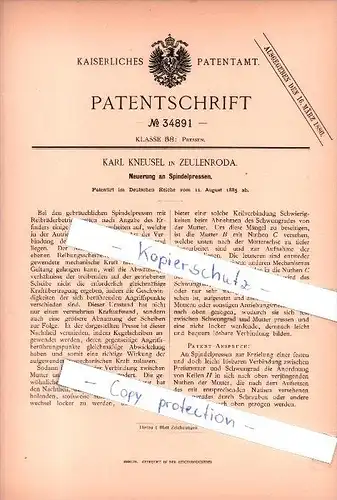 Original Patent - Karl Kneusel in Zeulenroda , 1885 , Neuerung an Spindelpressen , Presse !!!