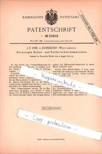Original Patent - J. F. Reik in Donzdorf , Württemberg , 1885 ,  Rüben- und Futterschneidemaschine , Landwirtschaft !!!