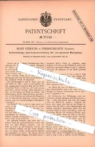 Original Patent - Ernst Steiniger in Friedrichsgrün , 1885 , Ausrückvorrichtung für Mahlgänge , Mühle , Windmühle !!!