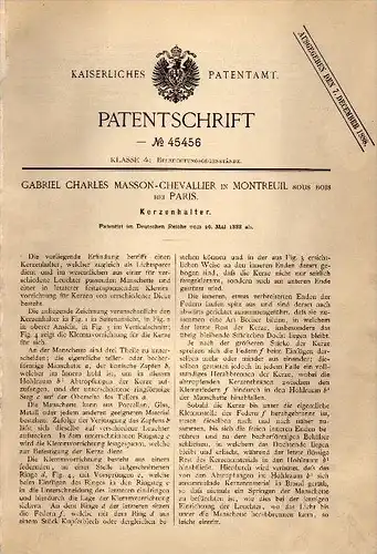 Original Patent - G.C. Masson-Chevallier in Montreuil sous bois Paris , 1888 , Bougeoir !!!