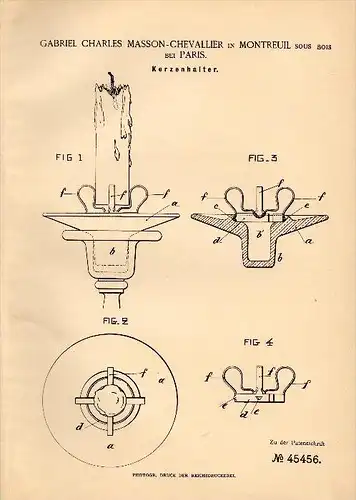 Original Patent - G.C. Masson-Chevallier in Montreuil sous bois Paris , 1888 , Bougeoir !!!