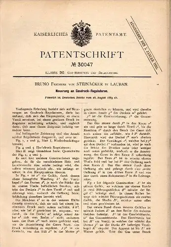 Original Patent -  Bruno Freiherr von Steinäcker in Lauban / Luban , 1883 , Gasdruck - Regulator , Niederschlesien !!!