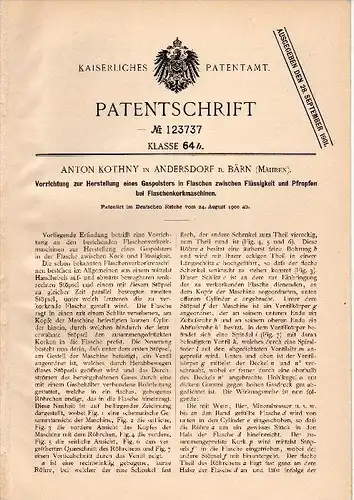 Original Patent - Anton Kothny in Bärn / Moravský Beroun , Mähren , 1900 , Herstellung von Gaspolstern in Flaschen !!!