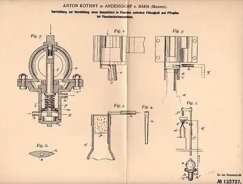 Original Patent - Anton Kothny in Bärn / Moravský Beroun , Mähren , 1900 , Herstellung von Gaspolstern in Flaschen !!!