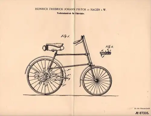 Original Patent - Heinrich Pistor in Hagen i.W., 1895 , Antrieb für Fahrrad , bicycle !!!
