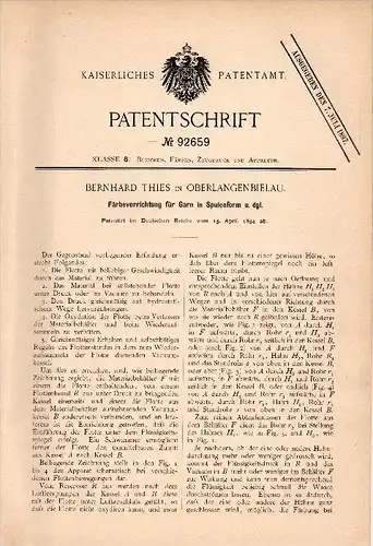 Original Patent - Bernhard Thies in Ober - Langenbielau / Bielawa , 1894 , Färbevorrichtung für Garn , Färberei !!!