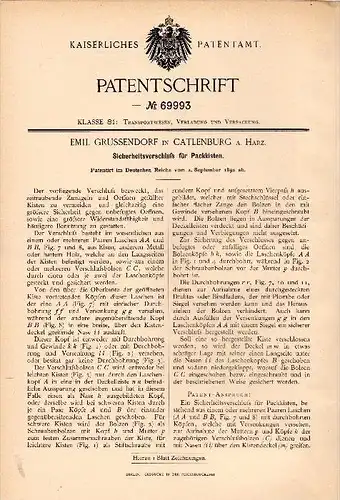 Original Patent -  Emil Grussendorf in Catlenburg a. Harz / Katlenburg-Lindau , 1892 , Transportverschluß für Kisten !!!