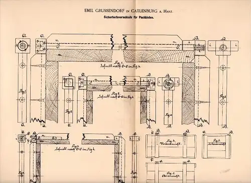 Original Patent -  Emil Grussendorf in Catlenburg a. Harz / Katlenburg-Lindau , 1892 , Transportverschluß für Kisten !!!