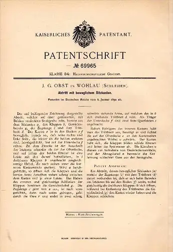 Original Patent - J.G. Obst in Wohlau /  Wo&#322;ów i. Schlesien , 1892 , Toilette , WC , Closet !!!