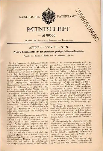 Original Patentschrift - Anton von Dormus in Wien , 1894 , Unterlage für geneigte Schienen , Gleis , Eisenbahn !!!