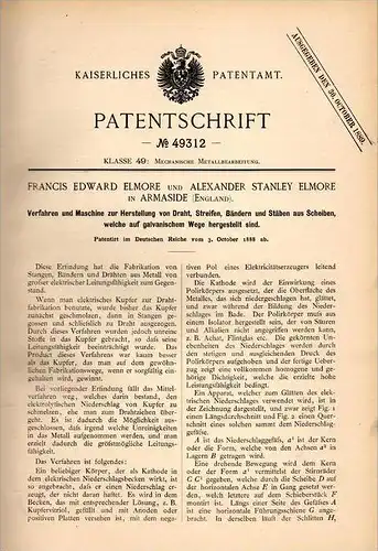Original Patentschrift - E. Elmore in Armaside , Cumbria , 1888 , Machine for wire production !!!