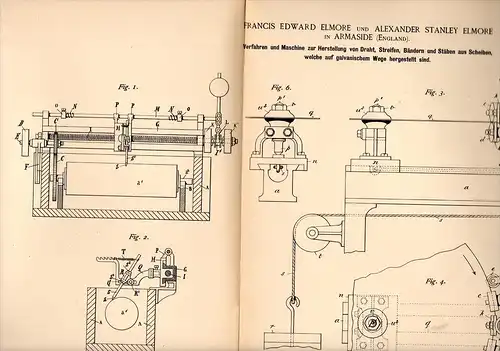Original Patentschrift - E. Elmore in Armaside , Cumbria , 1888 , Machine for wire production !!!