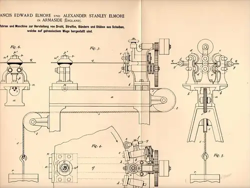 Original Patentschrift - E. Elmore in Armaside , Cumbria , 1888 , Machine for wire production !!!