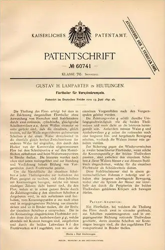Original Patentschrift - H. Lamparter in Reutlingen , 1891 , Flortheiler für Spinnerei , Spinnmaschine !!!
