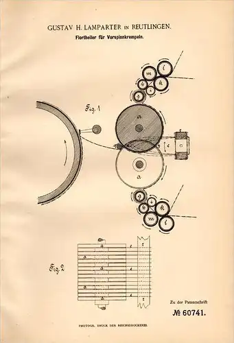 Original Patentschrift - H. Lamparter in Reutlingen , 1891 , Flortheiler für Spinnerei , Spinnmaschine !!!