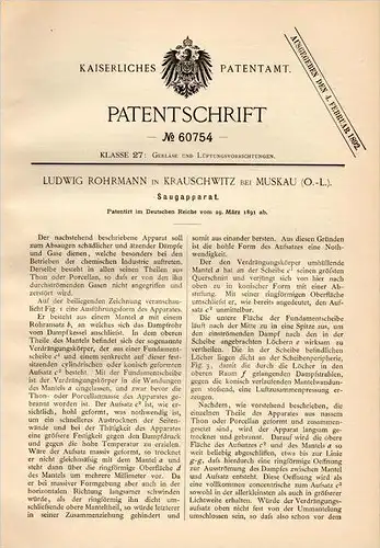 Original Patentschrift - L. Rohrmann in Krauschwitz b. Muskau i. S., 1891 , Saugapparat , Gebläse , Lüftung !!!