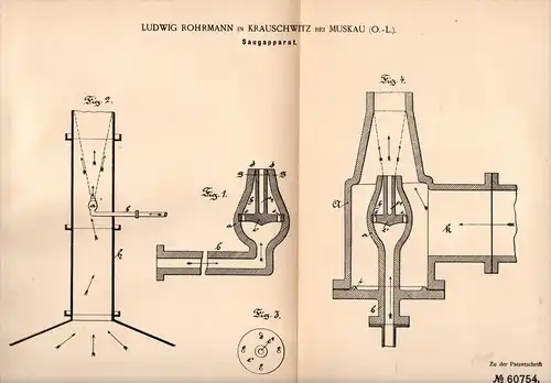 Original Patentschrift - L. Rohrmann in Krauschwitz b. Muskau i. S., 1891 , Saugapparat , Gebläse , Lüftung !!!