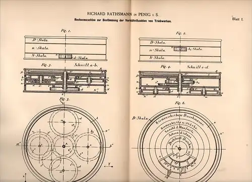 Original Patentschrift - Richard Rathsmann in Penig i.S., 1891 , Rechenmaschine für Triebwerk , Schule , Instrument !!!