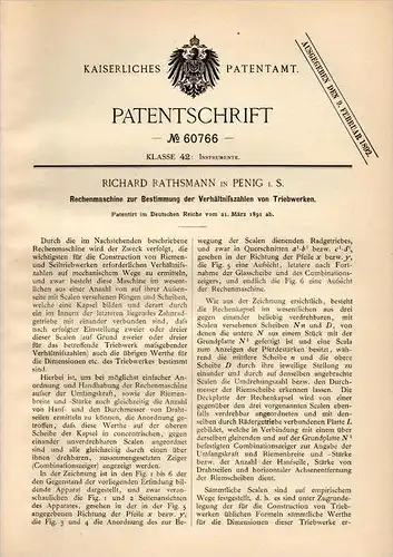 Original Patentschrift - Richard Rathsmann in Penig i.S., 1891 , Rechenmaschine für Triebwerk , Schule , Instrument !!!