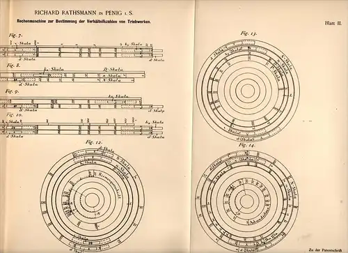 Original Patentschrift - Richard Rathsmann in Penig i.S., 1891 , Rechenmaschine für Triebwerk , Schule , Instrument !!!
