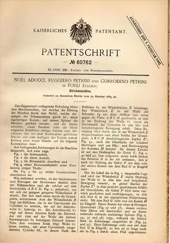 Original Patentschrift - N. Aducci e R. Petrini in Forli , 1889 , Macchina per maglieria !!!