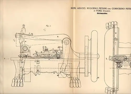 Original Patentschrift - N. Aducci e R. Petrini in Forli , 1889 , Macchina per maglieria !!!