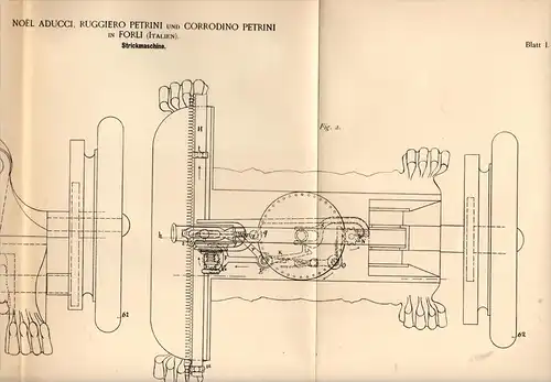 Original Patentschrift - N. Aducci e R. Petrini in Forli , 1889 , Macchina per maglieria !!!