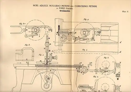 Original Patentschrift - N. Aducci e R. Petrini in Forli , 1889 , Macchina per maglieria !!!
