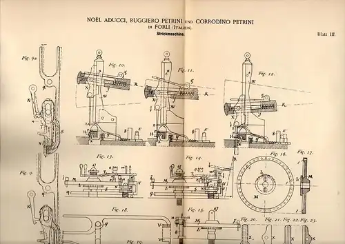 Original Patentschrift - N. Aducci e R. Petrini in Forli , 1889 , Macchina per maglieria !!!