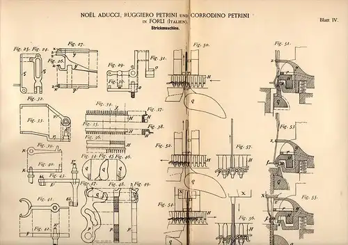 Original Patentschrift - N. Aducci e R. Petrini in Forli , 1889 , Macchina per maglieria !!!