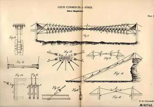Original Patentschrift - Louis Cormerois dans Nimes , 1891 , Suspension Bridge , Pont , Architecture , Gard !!!