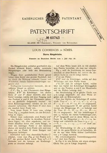Original Patentschrift - Louis Cormerois dans Nimes , 1891 , Suspension Bridge , Pont , Architecture , Gard !!!