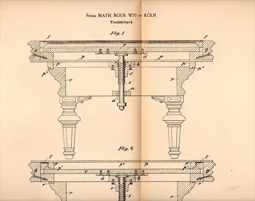 Original Patentschrift -  Firma Math. Bour in Köln , 1892 , Tischbillard , Billard !!!